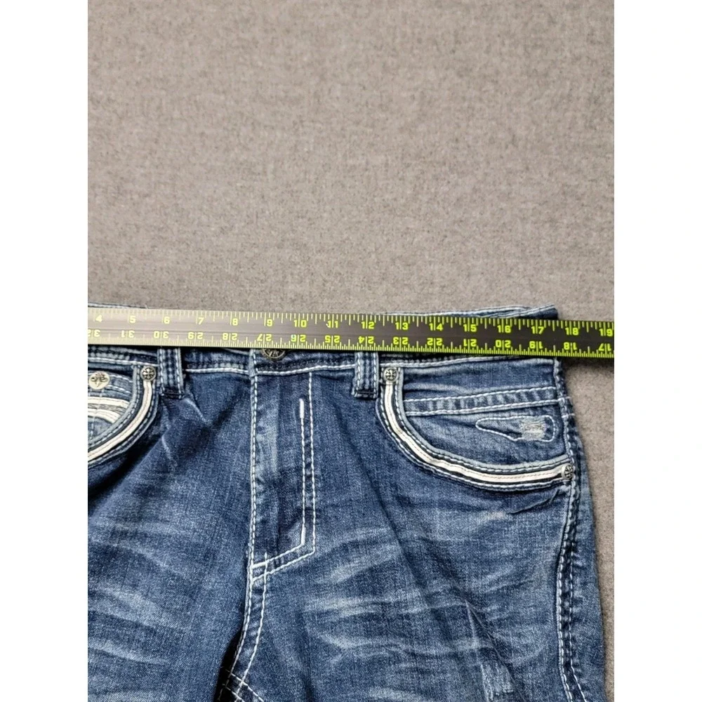 Affliction Men's 34 Ace Straight Jeans Blue Distressed Embroidered Premium Denim - Picture 8 of 12